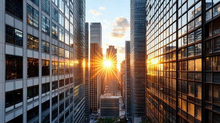 Sunset view between city buildings with sun rays shining through glass structures, creating warm