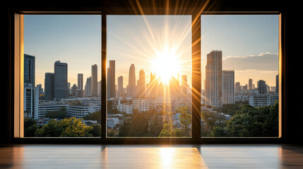 Fototapeta premium Sunlight streaming through large windows, illuminating city skyline at sunset