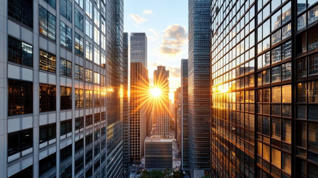 Sunset view between city buildings with sun rays shining through glass structures, creating warm - Powered by Adobe