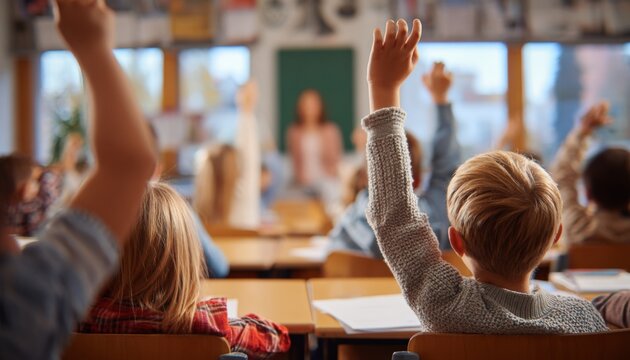 Enthusiastic Students Raising Hands in Classroom Ready to Answer Teacher's Question During Engaging Elementary School Lesson - Powered by Adobe