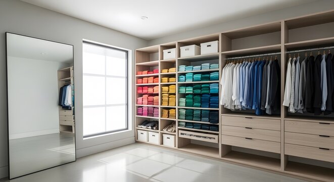 Brightly colored clothes neatly organized in a modern walk in closet. Light wood shelving and drawers. A large mirror reflects light from a window