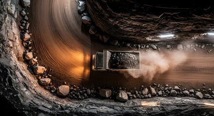 High angle view of a vehicle carrying rocks moving through a dark, narrow mine shaft. The scene is lit by the vehicle's headlights, casting a warm glow on the dusty road