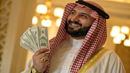 Obraz premium Close Up of Arab Sultan Smiling While Holding US Dollar Banknotes in Hand