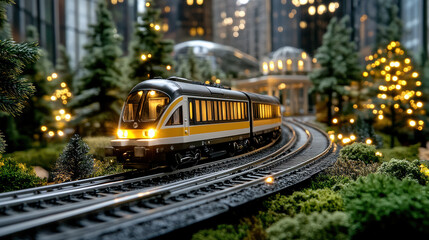 Miniature train set travels through beautifully lit landscape, creating whimsical atmosphere