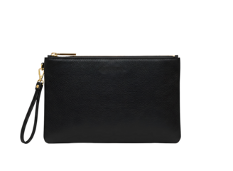 Black leather clutch bag with gold zipper isolated on transparent background