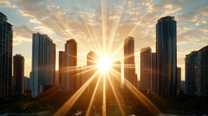 Fototapeta premium Sunrise over urban skyline with tall buildings and radiant sunburst creating vibrant atmosphere