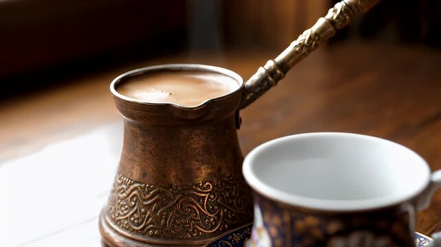 Close up of steaming Turkish coffee in a cezve next to a decorative cup and saucer