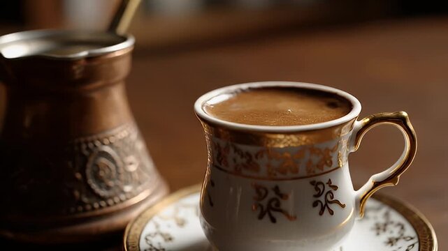 Close-up of Traditional Turkish Coffee Prepared in a Copper Cezve and Served in a Decorative Cup