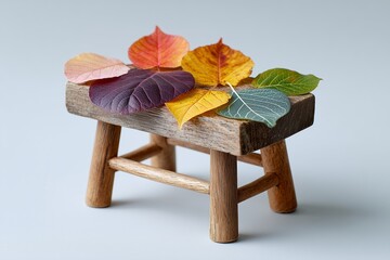 Colorful autumn leaves arranged on small wooden stool