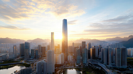 Obraz premium Urban skyline with golden hour haze softening view, showcasing towering buildings and mountains