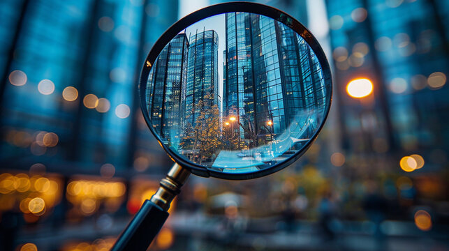 Magnifying glass focusing on city skyscrapers at dusk, blurred street scene