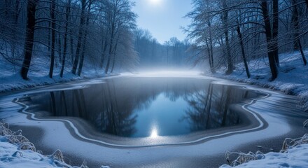 Serene Winter Pond: Misty Forest Reflections in Blue