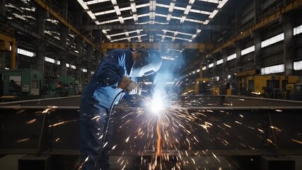 Skilled welder in protective gear performs welding on a large metal structure in a spacious factory