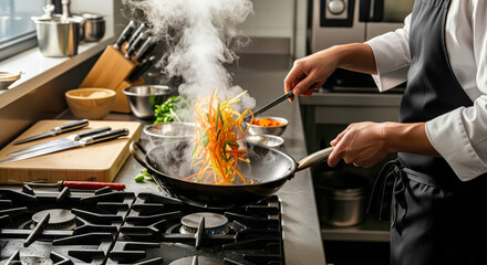 Chef Stir-Frying Colorful Vegetables in a Professional Kitchen