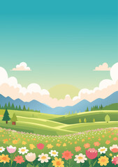 Obraz premium A vibrantly colored illustration of a lush, blossoming meadow. Showcasing the beauty of a vibrant spring day.