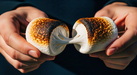 Hands Holding Toasted Marshmallows Ready to Enjoy a Sweet Snack Outdoors