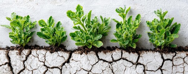 Barren dry landscape beside lush green field concept. Fresh green plants emerging from cracked soil surface.