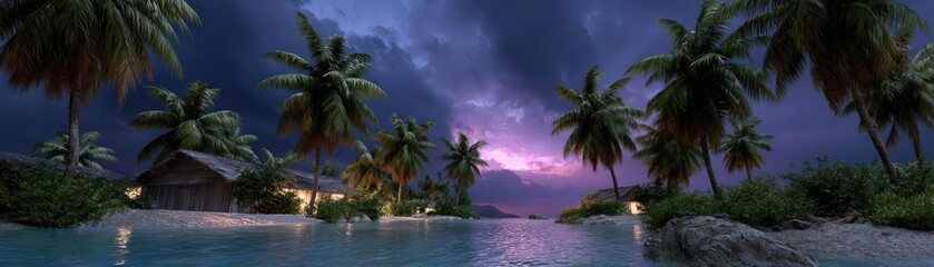 Fototapeta premium Flooded streets on tropical island after hurricane concept. A serene tropical paradise at dusk with palm trees and water.