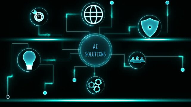 A I solutions network diagram with glowing icons for innovation security global reach teamwork and strategy on dark background digital technology concept