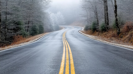 Fototapeta premium Winding road through foggy forest creates serene and mysterious atmosphere