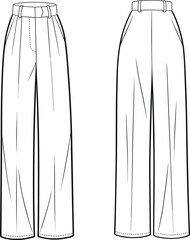 Technical flat fashion sketch of pleated wide leg trousers with waistband and pockets, clothing design template for stylish apparel industry