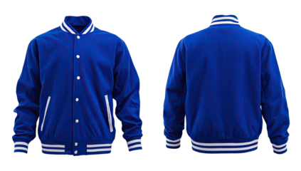 Full shot of a royal blue varsity jacket, front and back views
