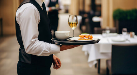 Waiter Serving Gourmet Dish and Wine in Elegant Restaurant Dining Setting