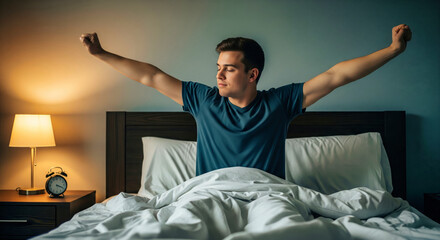Young Man Stretching in Bed During Morning Routine with Natural Light in