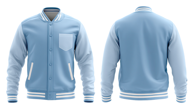 Light-blue baseball jacket, front and back views