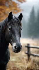 Naklejka premium Beautiful black horse in a misty forest with autumn foliage and a wooden fence in the background
