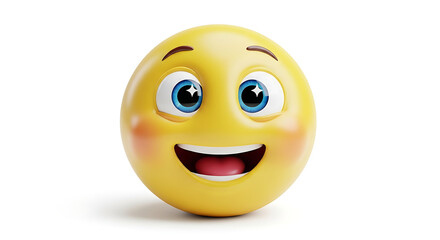 Fototapeta premium A cheerful yellow emoji with rosy cheeks smiles widely, expressing happiness and positive emotion against a clean white background.