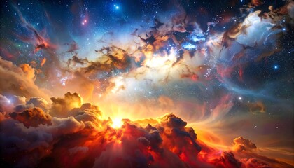 Fototapeta premium A vibrant, fiery celestial scene with swirling nebulae, brilliant stars, and glowing clouds bathed in radiant light