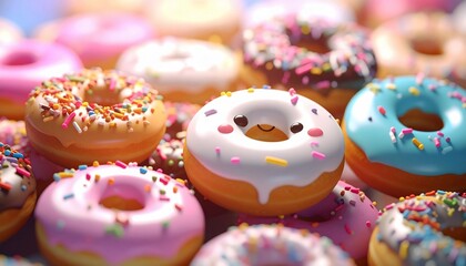 Assortment of Colorful Delicious Donuts with Sprinkles and Adorable Facial Expression