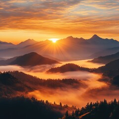 Obraz premium Mountaintop sunset concept. Breathtaking sunrise over misty mountains with vibrant colors and dramatic clouds.