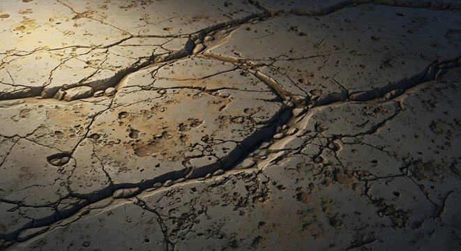 Cracked earth surface with natural drainage patterns and stone details