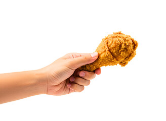 Hand holding a crispy fried chicken drumstick isolated on transparent background