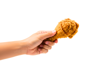Hand holding a crispy fried chicken drumstick isolated on transparent background