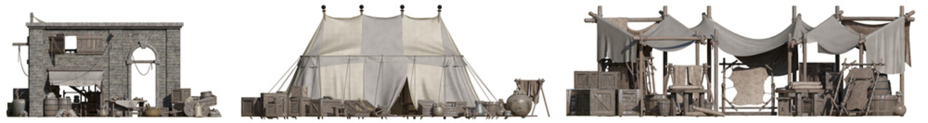 Local old market selling mid-century goods with isolated on transparent background. png file, 3d rendering illustration
