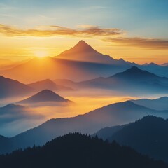 Mountaintop sunset concept. Majestic sunrise over mountains with mist and vibrant colors.