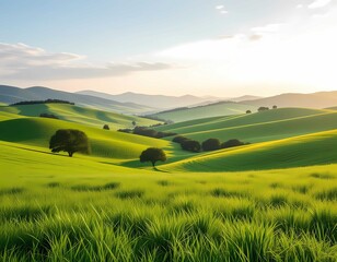 Fototapeta premium Trees, hills, and farmland create serene, vibrant, and natural landscape.