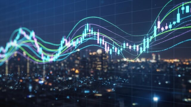 Financial data visualization with city skyline at night. - Powered by Adobe