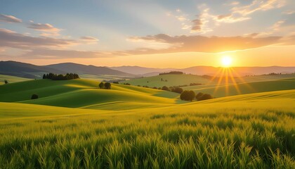 Fototapeta premium Morning light on countryside fields create warm and serene feeling