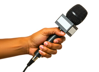 Hand holding a news reporter microphone isolated on transparent background