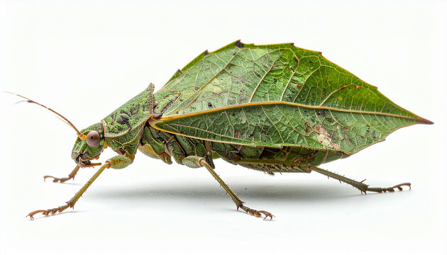 A leaf insect, camouflaged as a green leaf, stands out against a white background, showcasing its natural mimicry.
