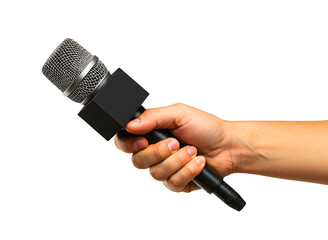 Hand holding a news reporter microphone isolated on transparent background