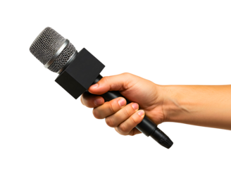 Hand holding a news reporter microphone isolated on transparent background