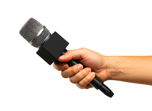 Hand holding a news reporter microphone isolated on transparent background