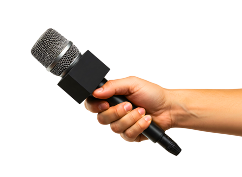 Hand holding a news reporter microphone isolated on transparent background