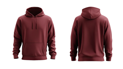 Front and back view of a deep maroon hoodie
