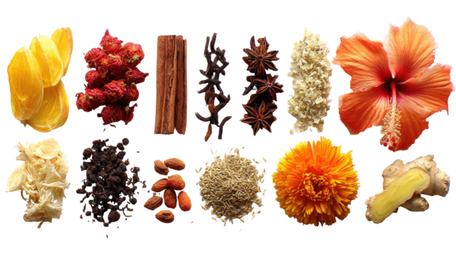 Assorted spices and herbs arranged in a flat lay.  Various textures and colors.  Dried fruits and flowers are also featured